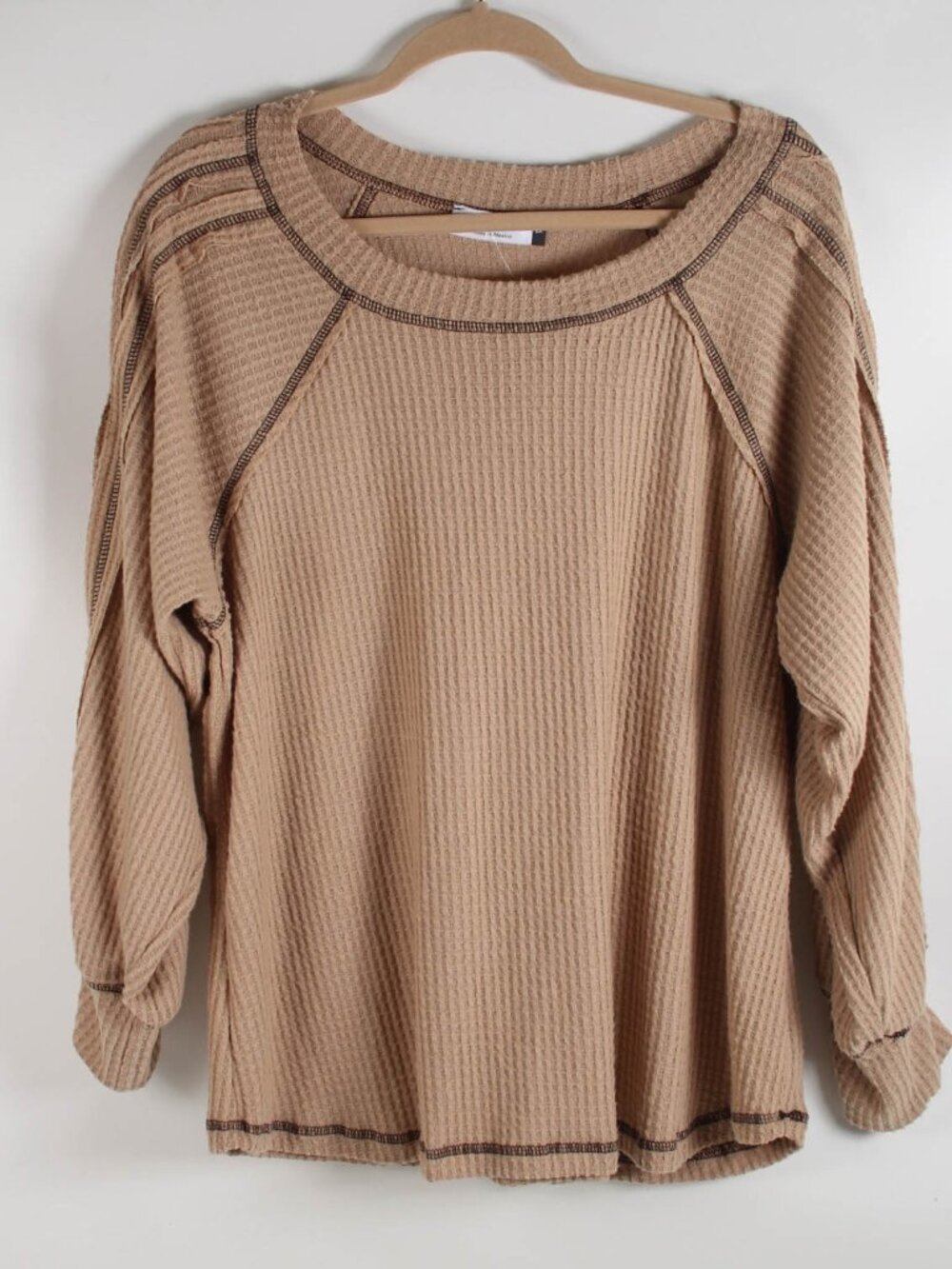 NWT Star Vixen Waffle Knit Top 2X Tan Beige Long Sleeve Contrast Stitch